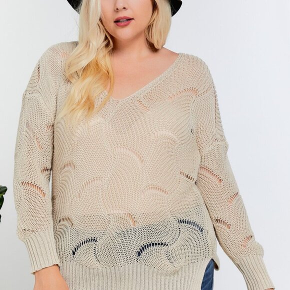 DAVI & DANI Plus Size Beige Open Knit V-Neck Sweater, Lightweight Boho Pullover - Picture 5 of 7